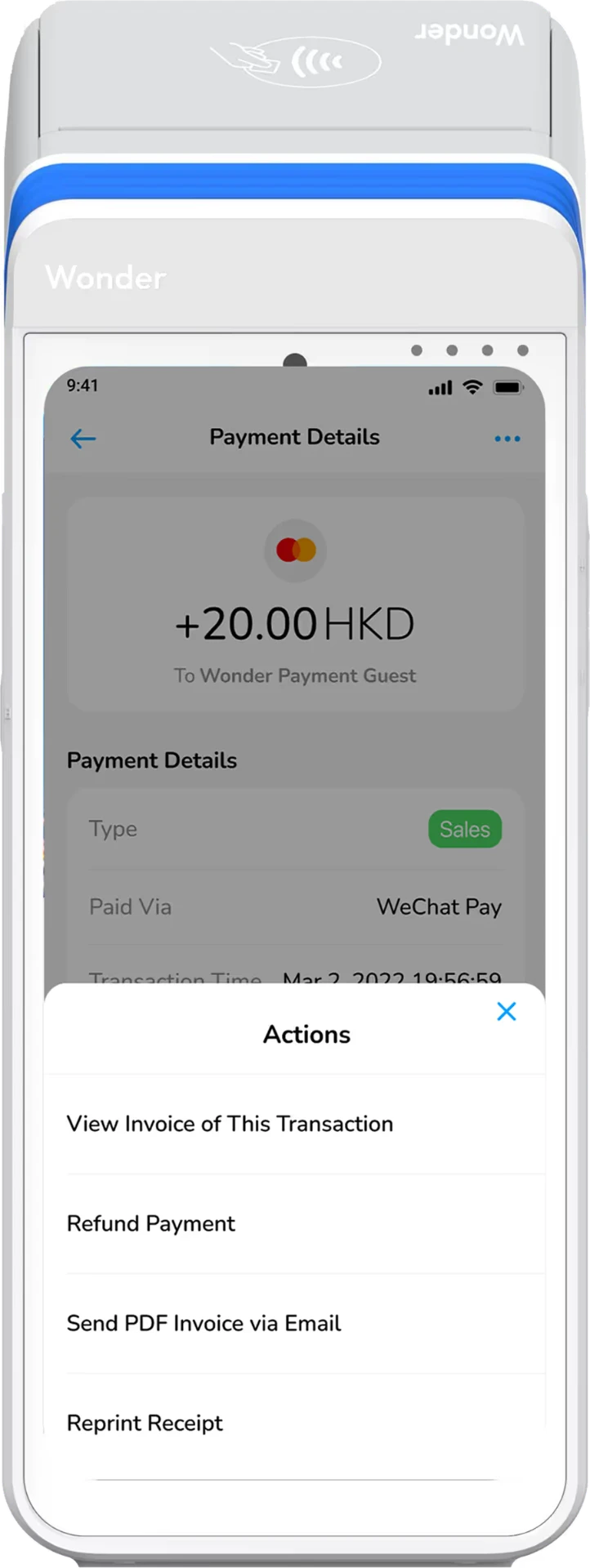 Wonder Terminal showing payment details with actions to refund a payment, view the invoice and reprint the receipt
