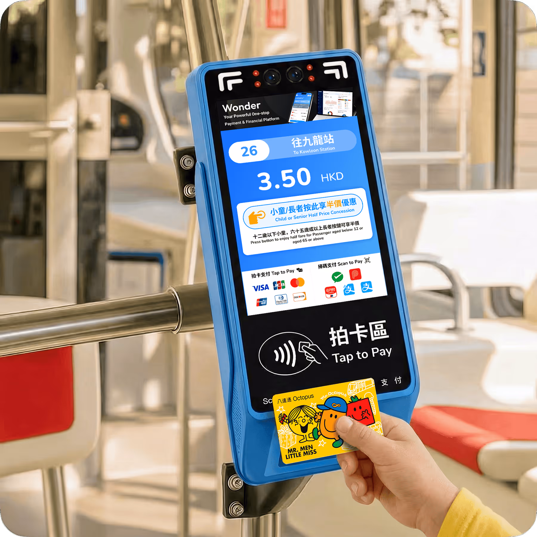 Child concession card being tapped on a Wonder Transit X fare validator on board