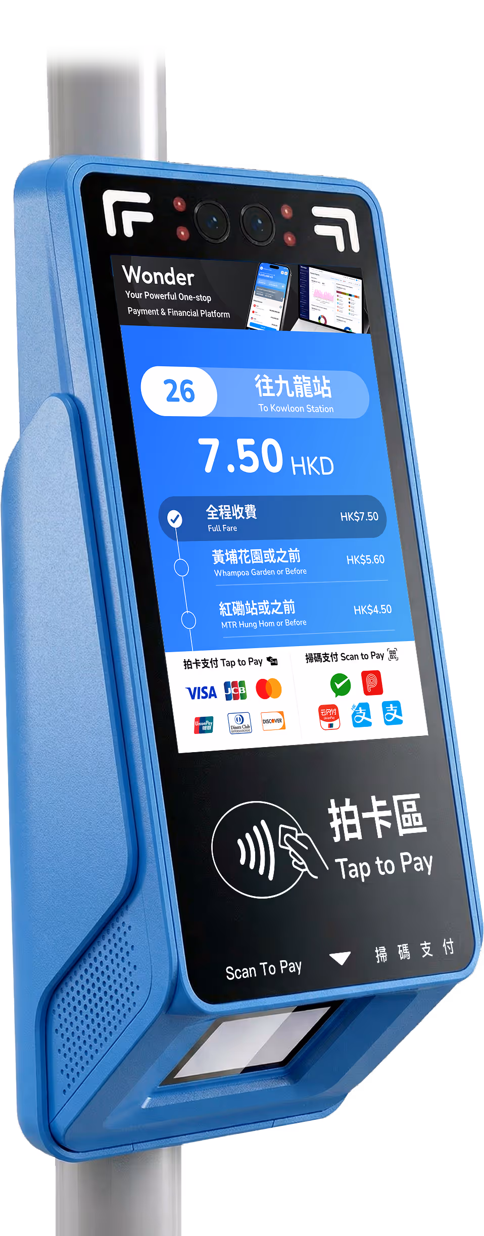 Wonder Transit X open-loop fare validator mounted on a vehicle pole