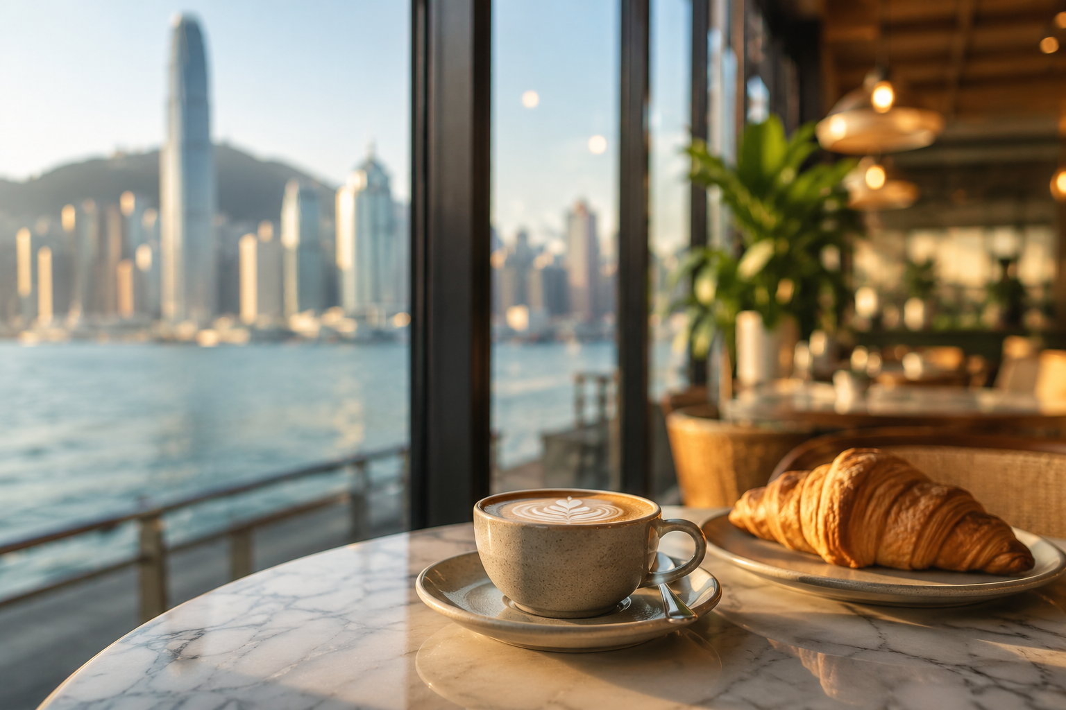 Coffee and croissant at a harbourfront cafe in Hong Kong