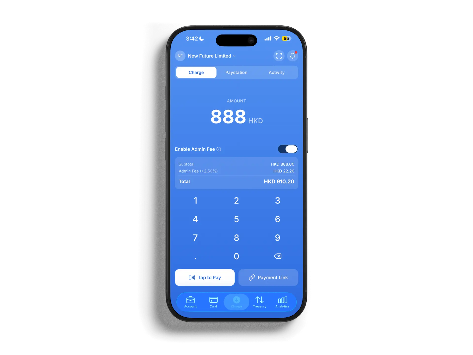 Wonder SoftPOS app charge screen on a mobile phone, ready to accept a tap-to-pay payment