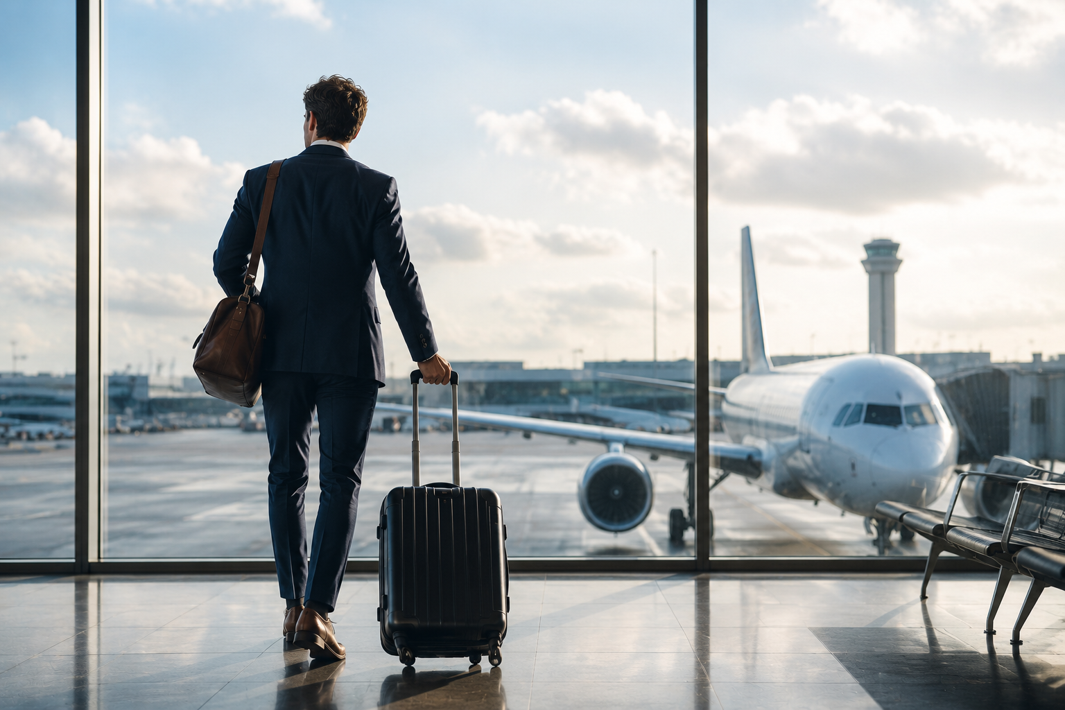 Business traveller with luggage at an airport gate