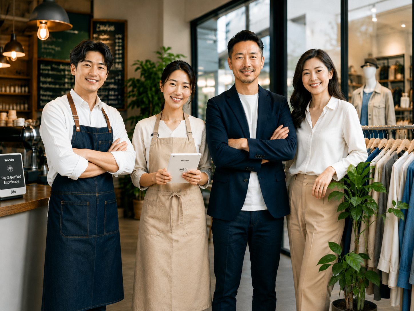 Four Hong Kong business owners and staff standing together in a cafe and retail space with Wonder payment hardware