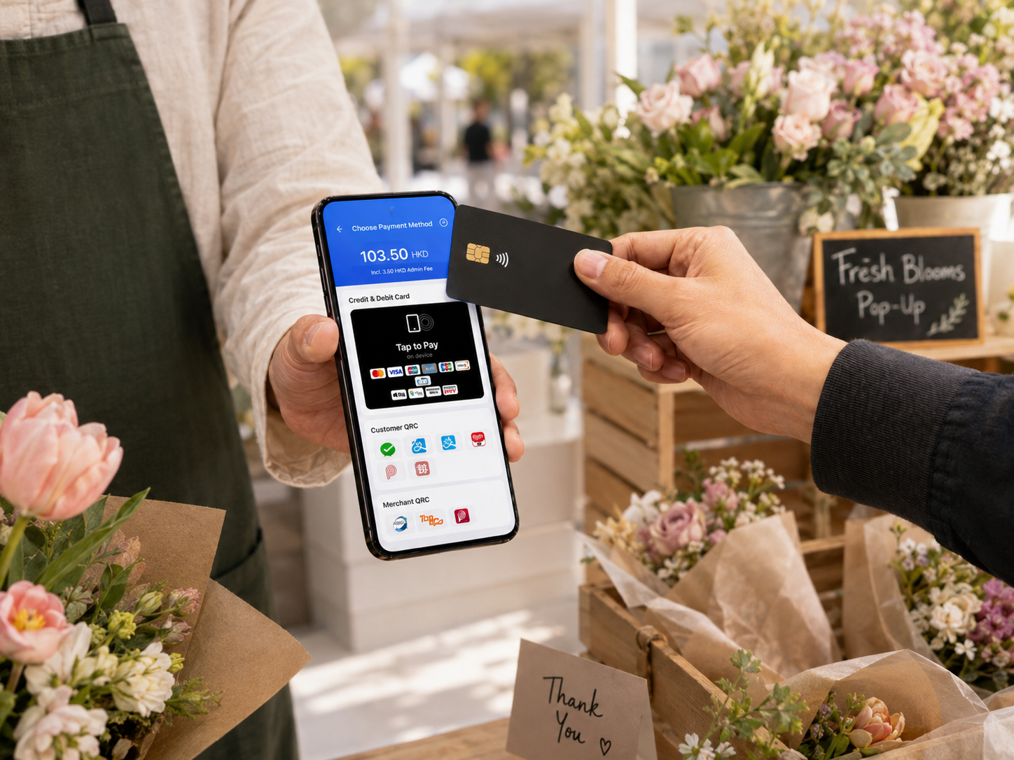 Hand holding a Wonder Visa card tapping a phone running the Wonder SoftPOS payment screen