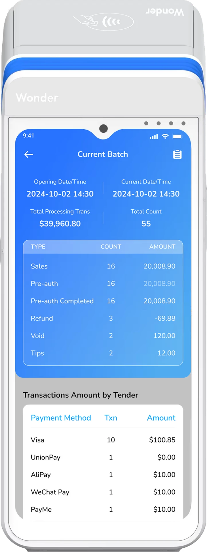 Wonder Terminal showing the current batch summary with transaction counts and amounts by tender