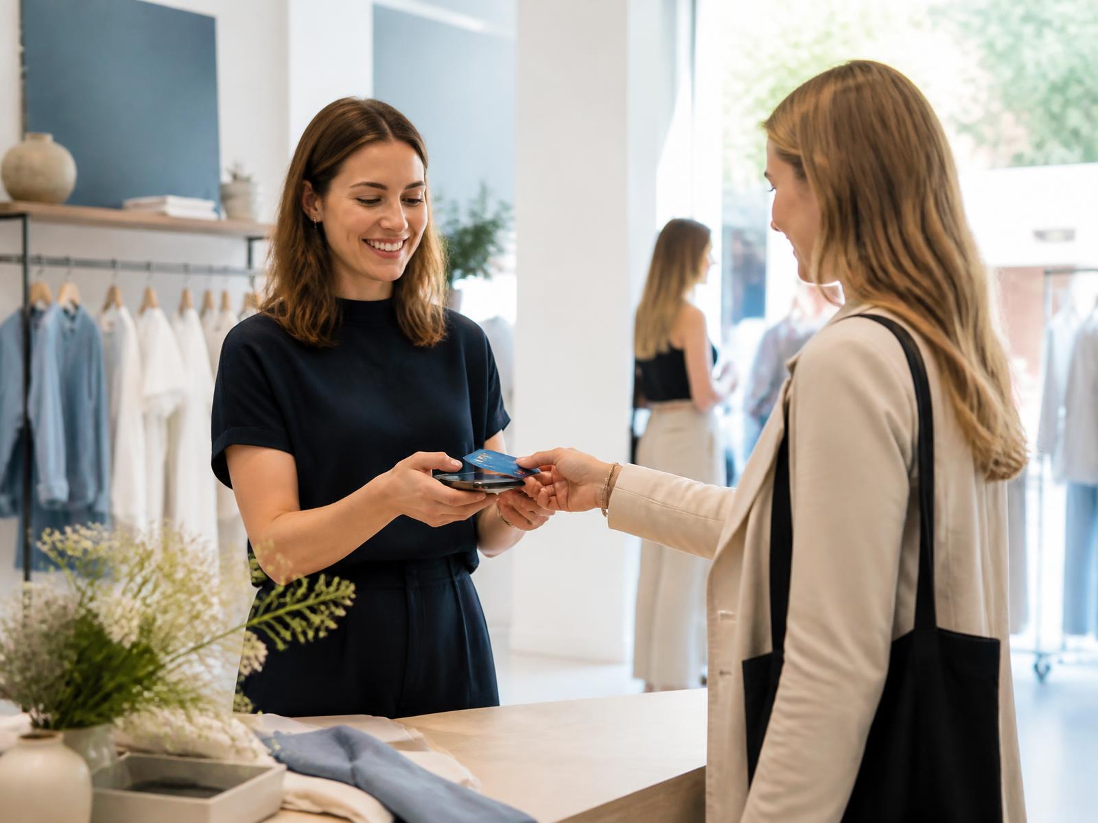 Retail staff assisting a customer at a pop-up counter